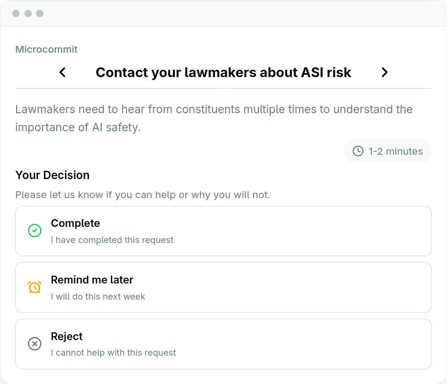 A Microcommit action: contact your lawmakers about ASI risk, with options to complete it, be reminded later, or decline.